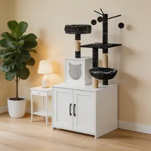 Cat Tree Tower with Litter Box Enclosure, All-in-one Cat Furniture Hidden Kitty Washroom Wooden Kitten House w/Condo, Scratching Posts