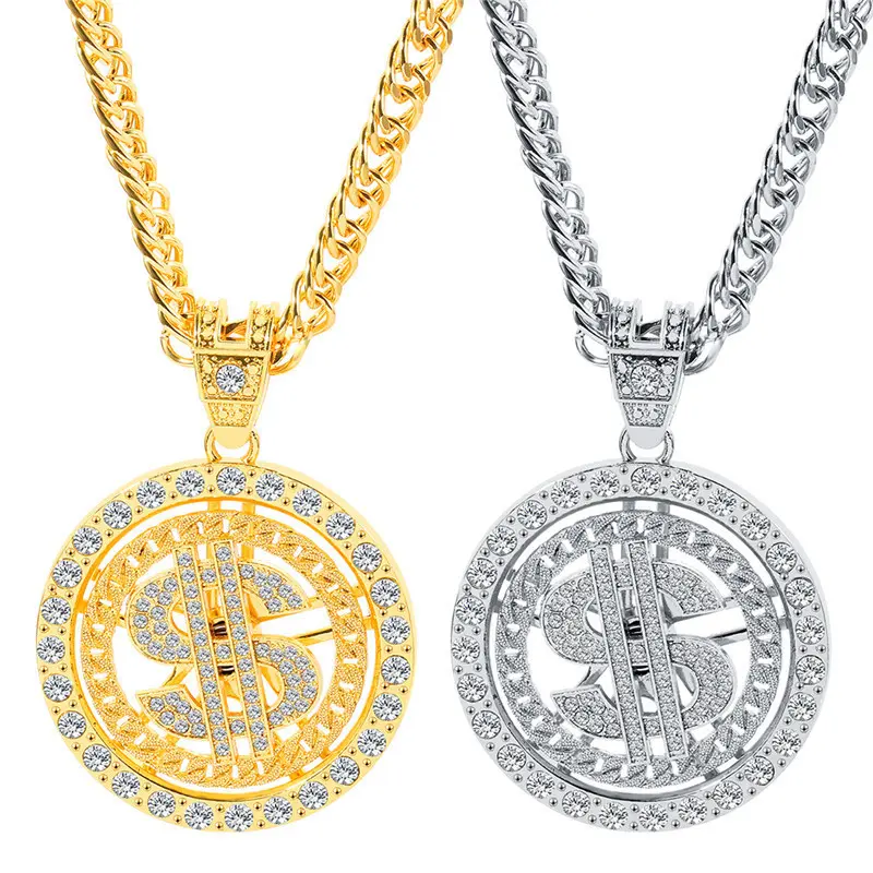 Hip-Hop Street-Style Alloy Cuban Chain Necklace, Auspicious Rhinestone-Inlaid Rotating Dollar Pendant, Casual Daily Wear, Hot-Selling in Europe and America, Double Choice Of Color Scheme, Full Diamond Dollar Rotating Pendant