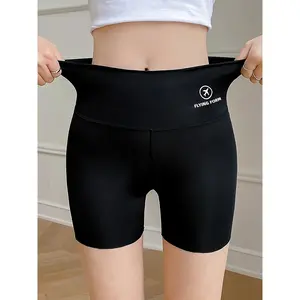 Letter-shaped graphic abdominal control sports shorts, wide waist belt, solid color, highly elastic yoga and running shorts, women's sportswear