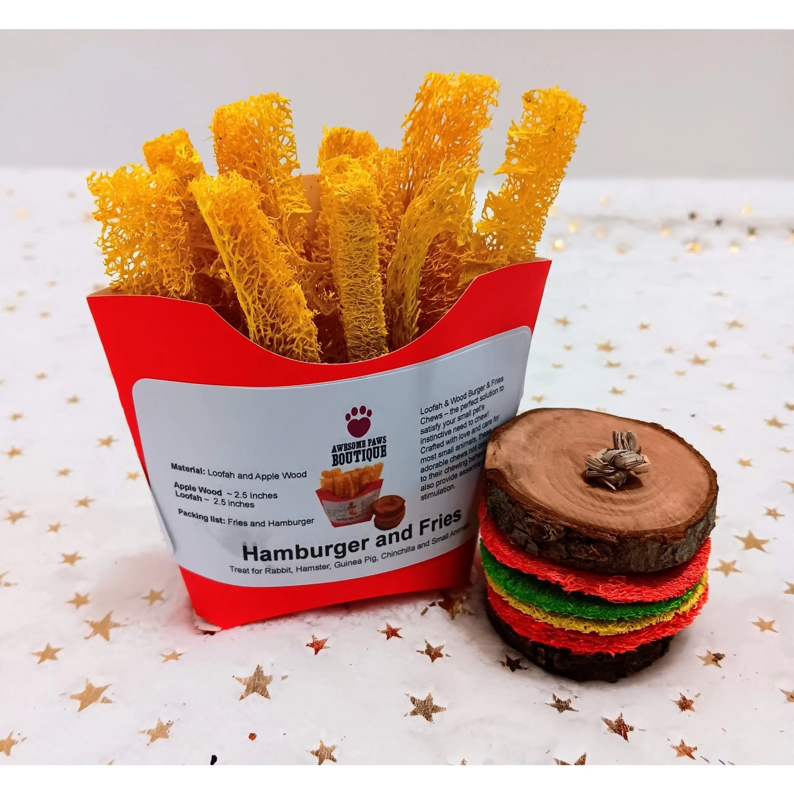 Loofah, Wood Burger and Fries Chews for Rabbit, Chinchilla, Hamster, Guinea Pig and Small Animal.