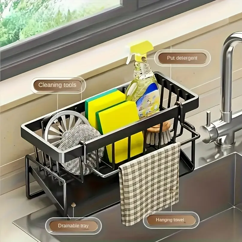 Decorative kitchen sink drain rack, multi-functional storage rack, hanging design with built-in sponge holder and dish brush holder - space-saving, sturdy carbon steel material, upper and lower compartments, compatible with dish racks, easy to clean. soho