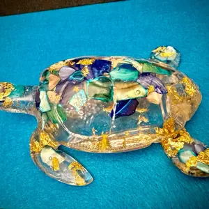 Large Handcrafted Sea Turtle Figurine with Mother of Pearl. Blue Nacre and Starfish Accents for Coastal Decor