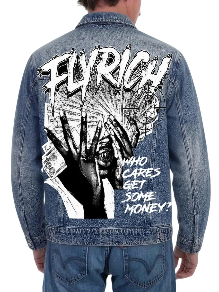 Denim Jacket With Money Themed Graffiti Graphic Relaxed Fit Outerwear For Urban Hip Hop Lifestyle
