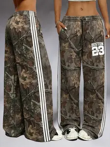 Women's Camo Print Wide Leg Pants, Boston 23 Pattern Drawstring Adjustable Casual Everyday Street Style Long Pants, Unisex Realtree Camouflage Straight Leg