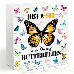 Birthday Gifts for Butterflies Lovers, Butterflies Decor Wood Block Box Plaque, Office Desk White Wooden Box Sign, Just A Girl Who Loves Butterflies Wooden Box Sign 5x5 inch