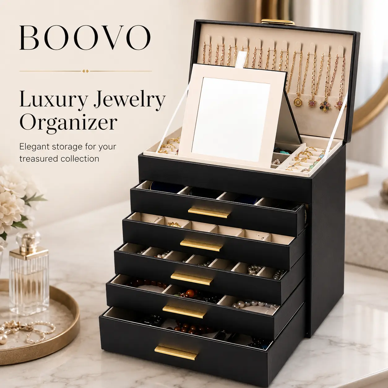 BOOVO 6-Layer Jewelry Organizer Box for Women - Large PU Leather Jewelry Storage Box with Mirror & Velvet Lining, Jewelry Holder for Earrings, Rings & Necklaces, Elegant Gift for Her, Classic Black