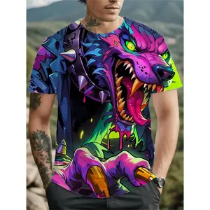 Men's 3D Neon Glow-in-the-Dark Wolf Graphic T-Shirt - Plus Size Regular Fit Short Sleeve, Neon Green & Pink Streetwear Summer Tee with Glowing Eyes & Sharp Teeth Design, Machine Washable Casual Top for Parties & Casual Attire