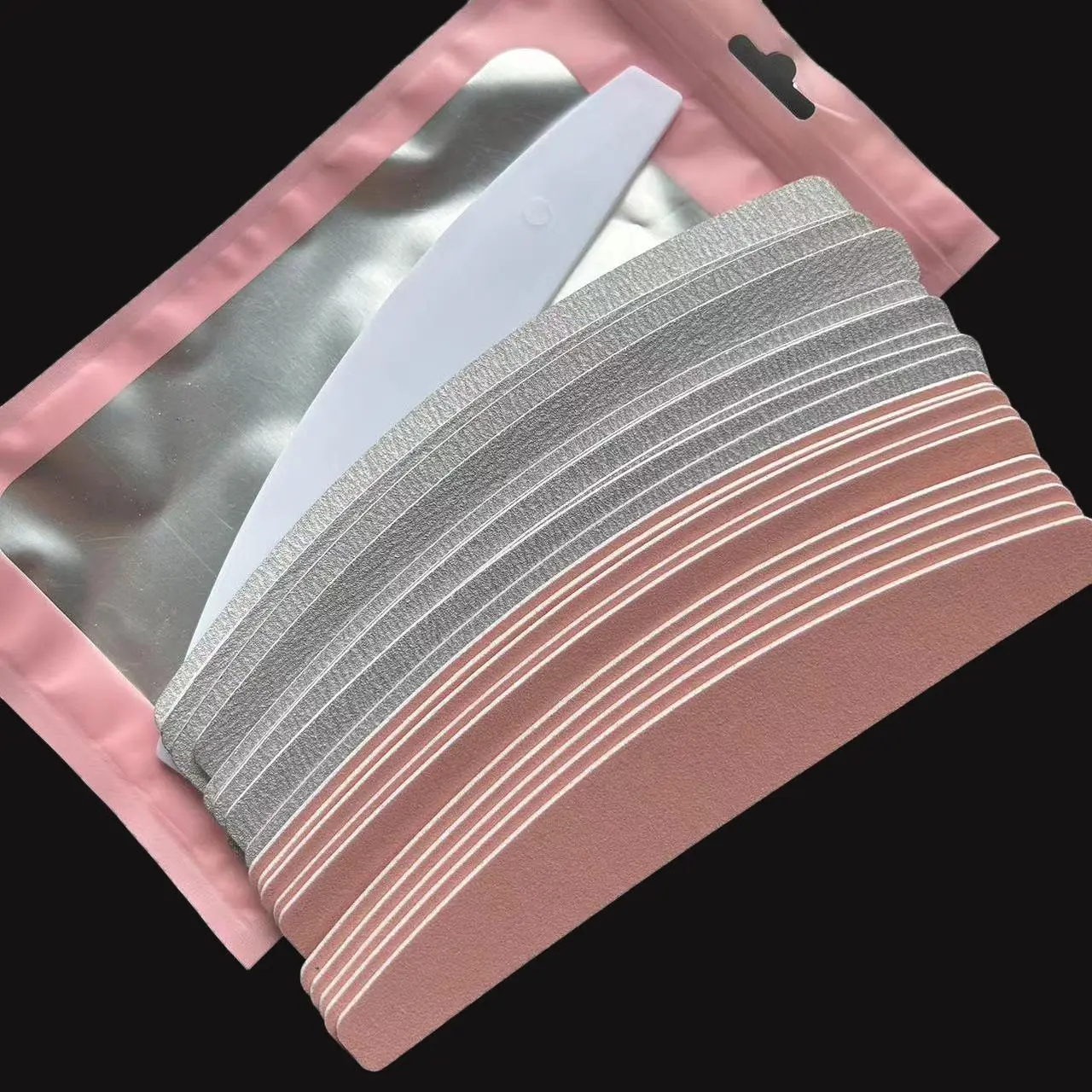 1 PC Plastic Base with 1 Set (20 PCS) Removable Pads Durable Nail File Replacement Pink Sandpaper Pads Half Moon Shape Nail File
