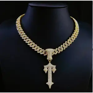 Iced Out Cuban Link Chain for Men Hip Hop Jewelry Big Sword Pendant Gold Silver Alloy Diamond Necklace Mens Gift Trendy Bling Cuban Chain