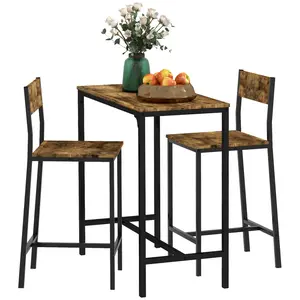 【GOOGREAT】HOMCOM 3 Piece Bar Table and Chairs, Industrial Dining Table Set for 2, Counter Height Kitchen Table with Bar stools, Breakfast Table Set for 2 for Small Space, Rustic Brown