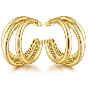 ORO LAMINADO GOLD FILLED CHUNKY TRIPLE LAYER HOOP EARRINGS