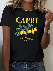 teediy Women's Pure Cotton T-Shirt - White Casual Short Sleeve with Lemon & Capri Italy Graphic Print, Comfort Fit, Machine Washable, Casual Wear  Geometric Print Tee  Pure Cotton