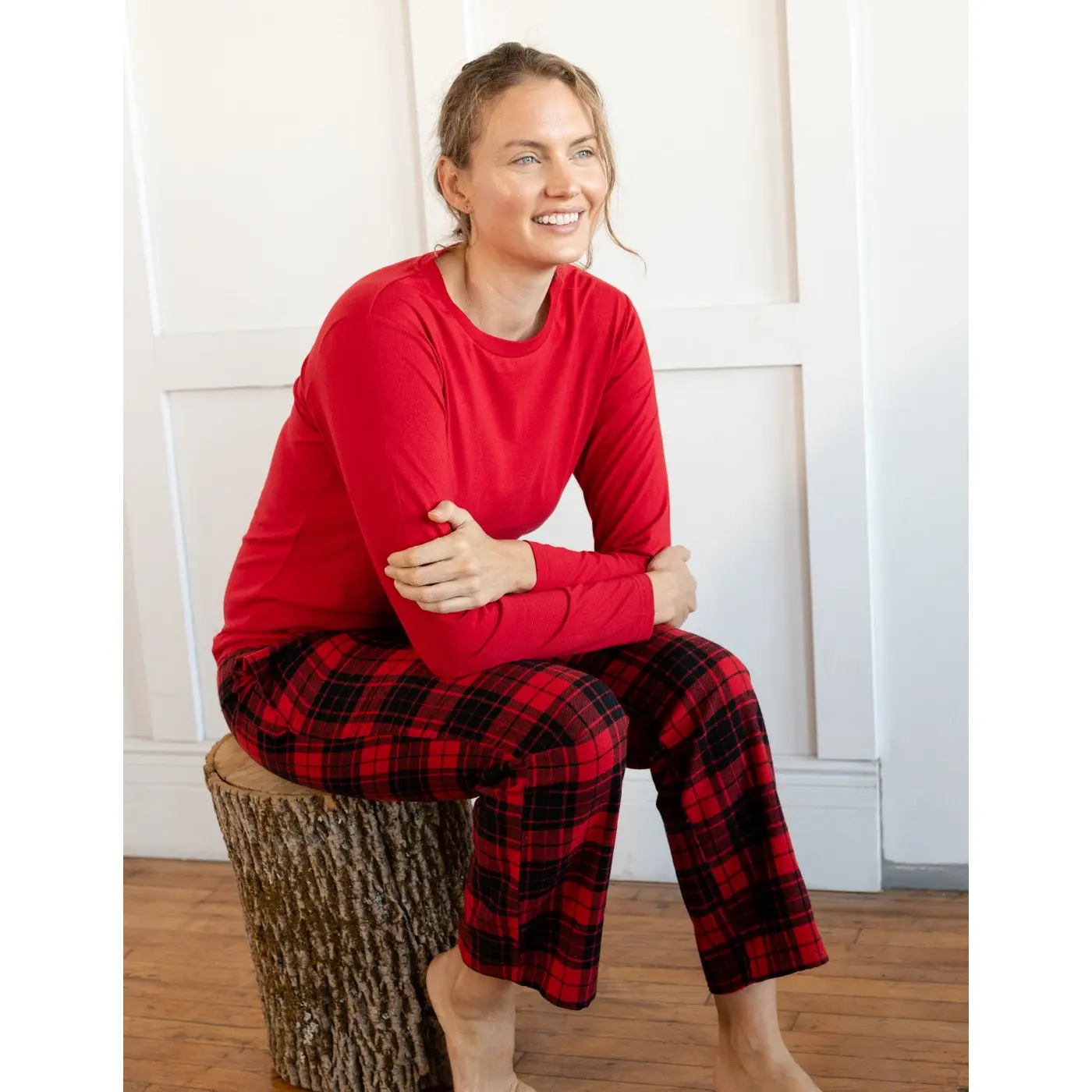 Womens 2pc Solid Top & Plaid Flannel Pants Pajama Set