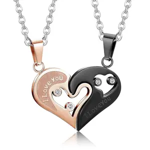 2pcs Couples Necklace Stainless Steel Heart Puzzle Matching Love Pendant Necklaces Jewellery Set Gifts for Him Her for Mother's Day Anniversary