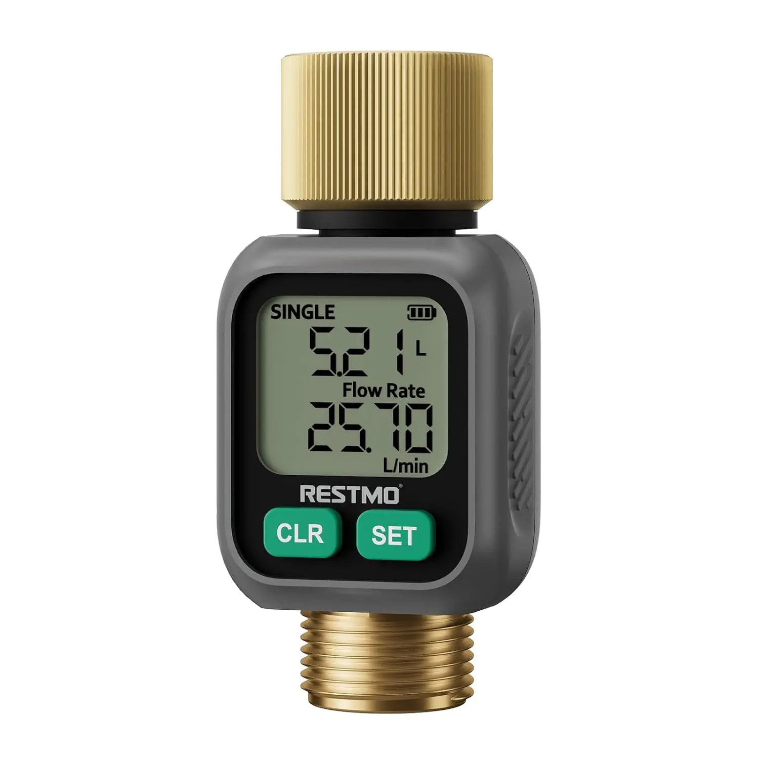 RESTMO Water Flow Meter with Dual Zone Display, Brass Inlet & Outlet, ±4% High Accuracy, Measures Gallon/Liter & Flow Rate for Garden Hose, Sprinkler, RV