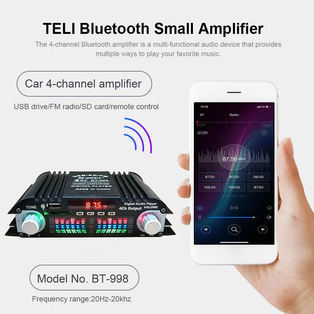 4 Channel Amplifier Audio Amplifier Bluetooth Amplifier 1600W Peak Power Digital 4 Channel HiFi Audio Stereo Power Amplifier System With FM Radio USB Remote Control For Home Cinema Car Passive Speakers - Perfect Flush Fit