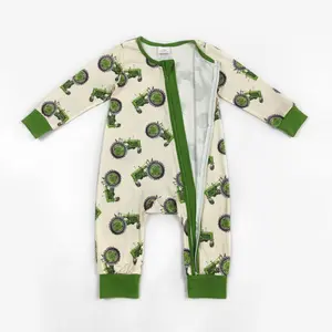 Green tractor Print Long Sleeve OnePieces