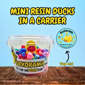 Mixed Color Mini Resin Ducks Bucket 100 Count Gift Exchange Set with Carrier & Surprise Duck in a Carrier Top Lid