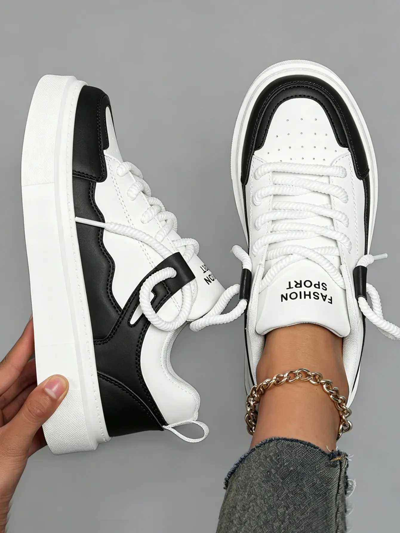 Women's Wavy Edge Platform Sneakers - Panda Color Block Lace-Up Skate Shoes, Chunky Height Boosting Anti-Slip Elevator Casual Trainers, Sneakers for Women, Footwear Fashion