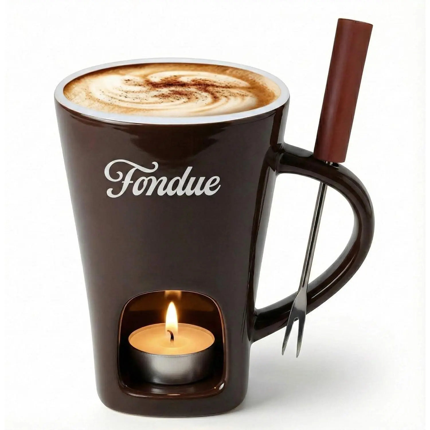 Brown Chocolate Fondue Mug with Tealight & Fork – Ceramic Single-Serve Fondue Cup for Chocolate & Cheese Dipping