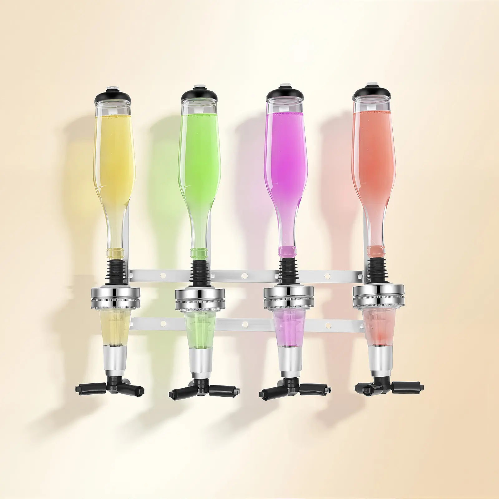 Sturdy Silver 4-Head 25ml Liquor Dispenser with Wall Mount, Aluminum Alloy-ABS Removable Wine Pourers, Long Valve Handles, Precise Shot Measure, Transparent Measuring Cup, 39x11x36cm 900g, for Home Bars, Parties Bars, All Kinds of Wines, Holidays Gift, Al
