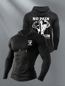 Men's 'No Pain No Gain' Fitness Graphic Black Compression Hoodie, Athletic Fashion Activewear, Athletic Streetwear, Gym Print, Comfortable Stretchy Fabric, Versatile for Workouts, Errands & Hangouts
