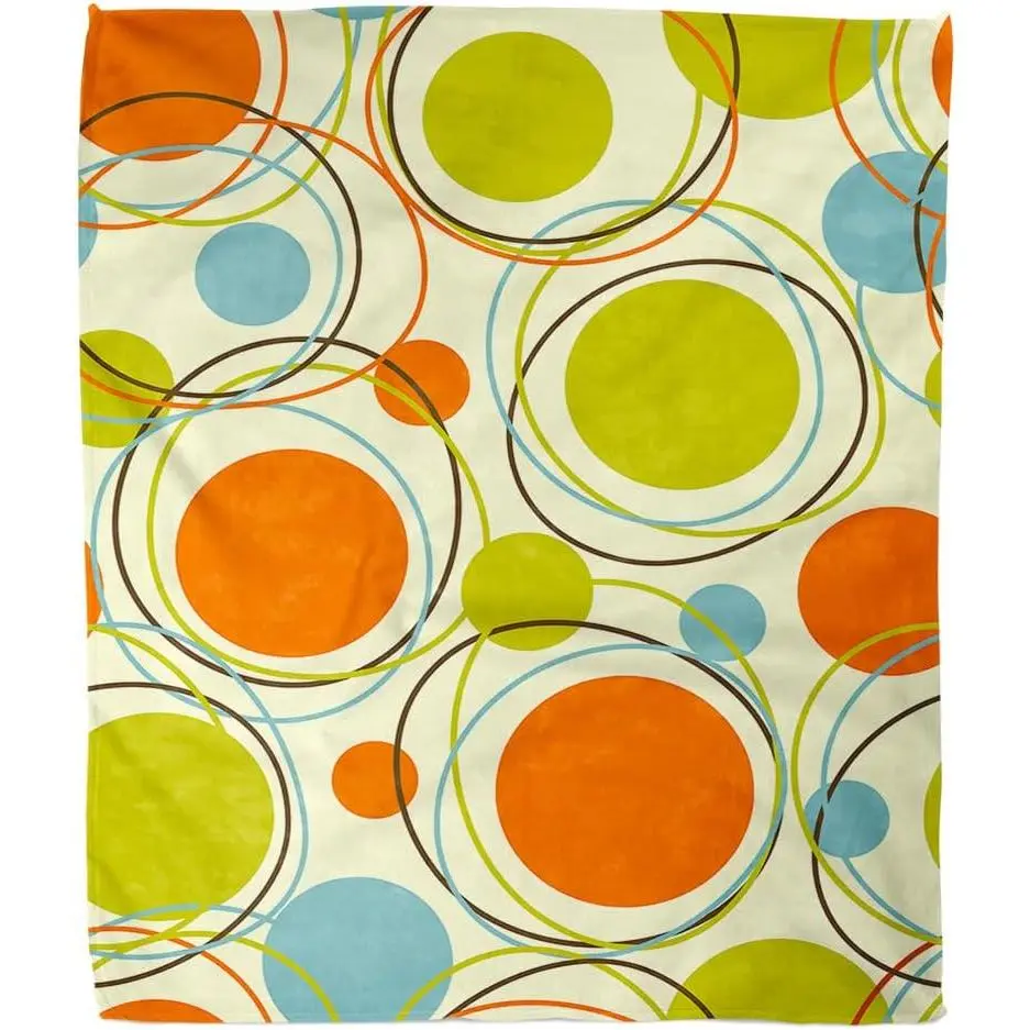 Retro Circles Flannel Throw Blanket for Home Decor - Orange, Blue, Green, Warm, Soft, Cozy, Suitable for All Seasons, for Adults, Grandparents, Bed, Couch, Sofa - Available in 101Cm×76Cm（30X40in）), 122Cm×81Cm（32X48in）), 152Cm×127Cm（50X60in）), 80x60in