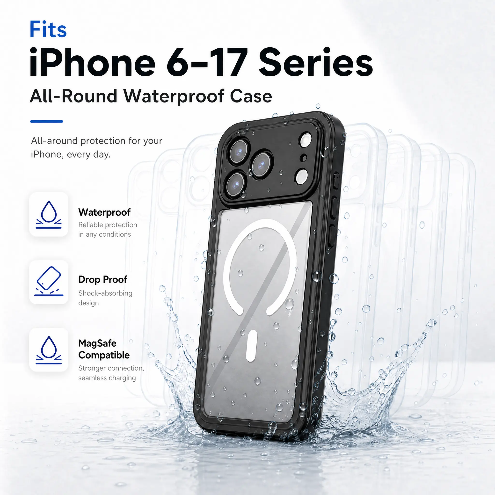 Heavy Duty Waterproof Phone Case for iPhone 6-17 Pro Max, 360° Full Body Shockproof Dustproof Cover with Magnetic Lens Protection, Durable All-Inclusive Smartphone Case transparent tpu