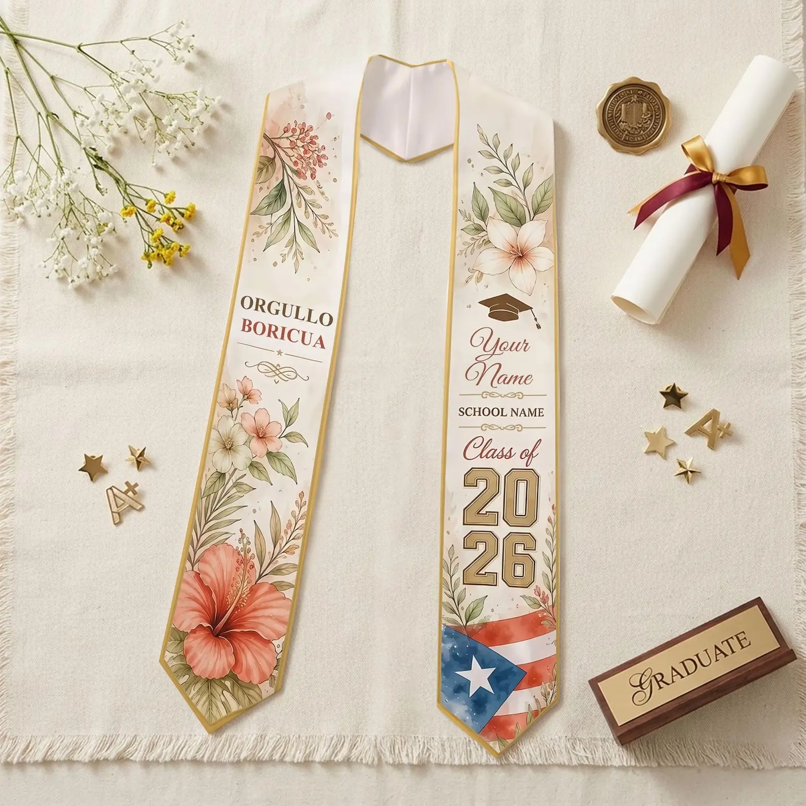 Personalized Puerto Rico Graduation Stole 2026, Orgullo Boricua Printed Sash, Custom Name School Grad Stole, Hispanic Graduation Gift Keepsake