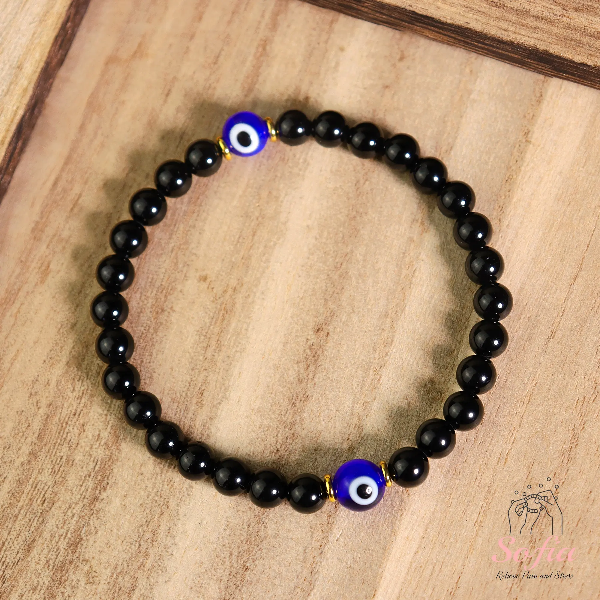 2 PCS Pack Blue Evil Eye Bracelet Protection Black Gemstone Bracelet Luck Healing Friendship Bracelet Gift for her, gift for him