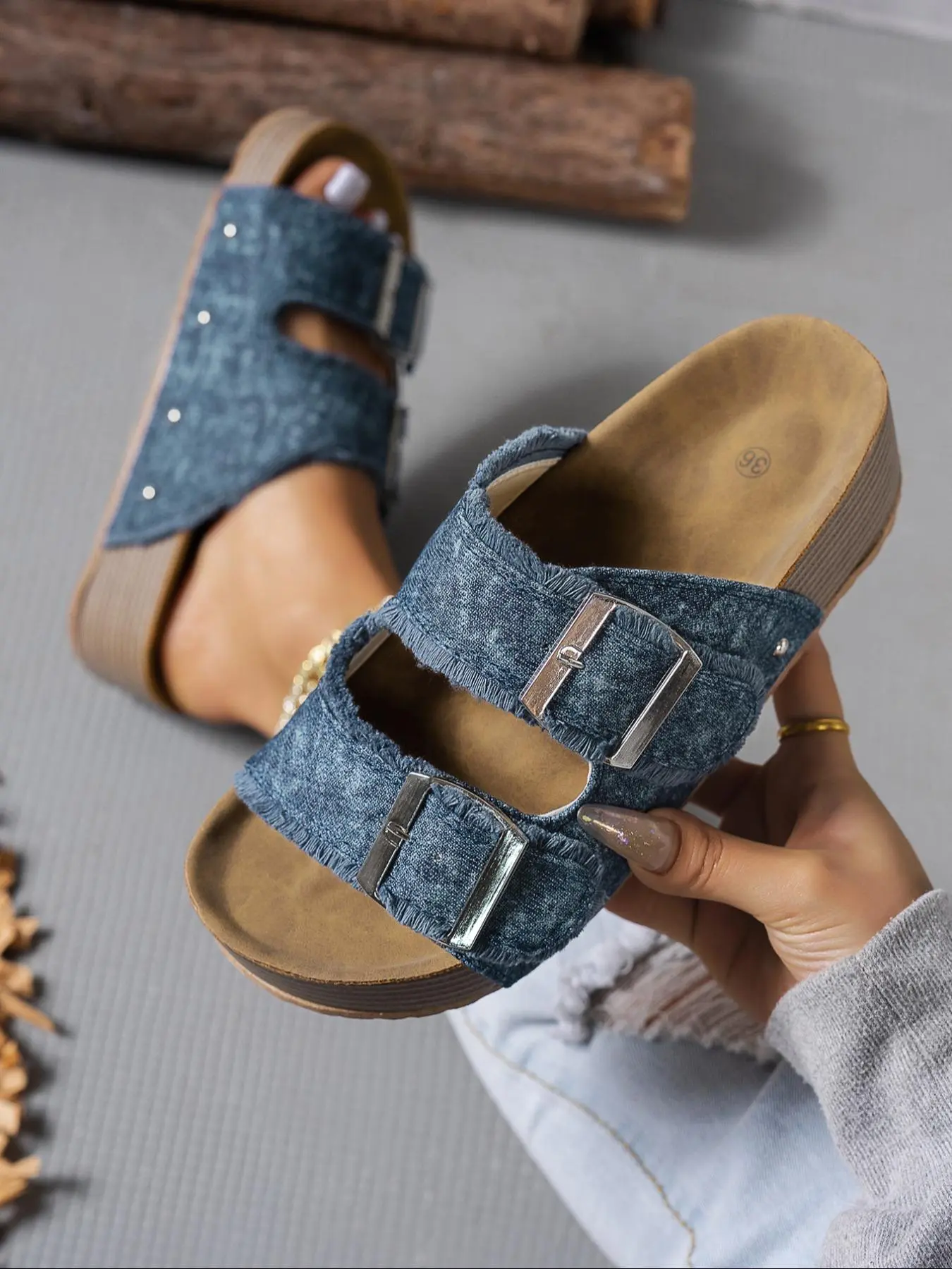 Women's Fashionable Denim Design Platform Open Toe Sandals, Casual Comfortable Fashion Sandals for Summer, Lightweight Breathable Shoes for Daily Wear, Girl, Peep Toe Sandals