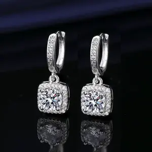 Classic Cubic Zirconia Dangle Hoop Earrings for Women Girls  Princess Cut Square Halo CZ Charms Drop Dangling Leverback Stud Dainty Birthday Wedding Anniversary Valentine's Jewelry Gifts