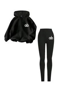 Women's 2-Piece Set, Zip Hoodie with Ab Letter Print + High Stretch Yoga Pants, Casual Fall Fashion, Youth Daily Wear, Sweatsuit Outfits, Sweatsuit Sets