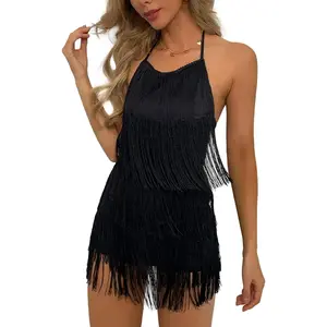 Ella Lust Sexy Backless Fringe Dress Jumpsuit - Western Country Concert Cowgirl Outfit for Women Nashville Tassel Romper