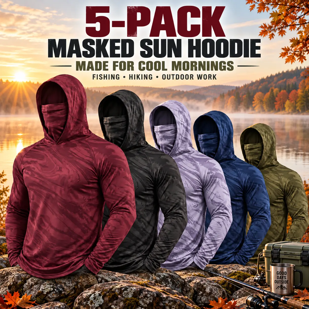 Men's 5-Piece UPF 50+ Sun Protection Slim-Fit Camouflage Pullover Hoodie Pack - All Season, Built-In Balaclava Mask, Minimalist, Breathable Quick-Dry Polyester Blend Tactical Rash Guards, Machine Washable, for Outdoor Hiking/Cycling