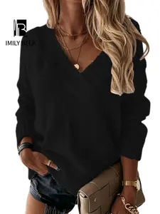 Basic Plain Wrap Drop Shoulder Sweater, Lady Minimalist Casual Comfort Long Sleeve V Neck Jumper Tops for Fall & Winter, Womenswear, Knitwear for Daily Life