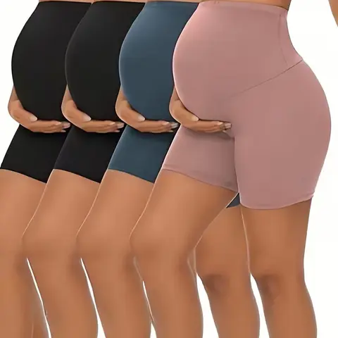 Cymebosilux Women's 4-Pack High-Waisted Elastic Waist 5” Above-Knee Loose-Fitting Biker Maternity Shorts Set - Bump-Friendly, Over-The-Belly, Apron Belly Supplies, Athleisure Maternity Outfits, Machine Wash, Solid Colors