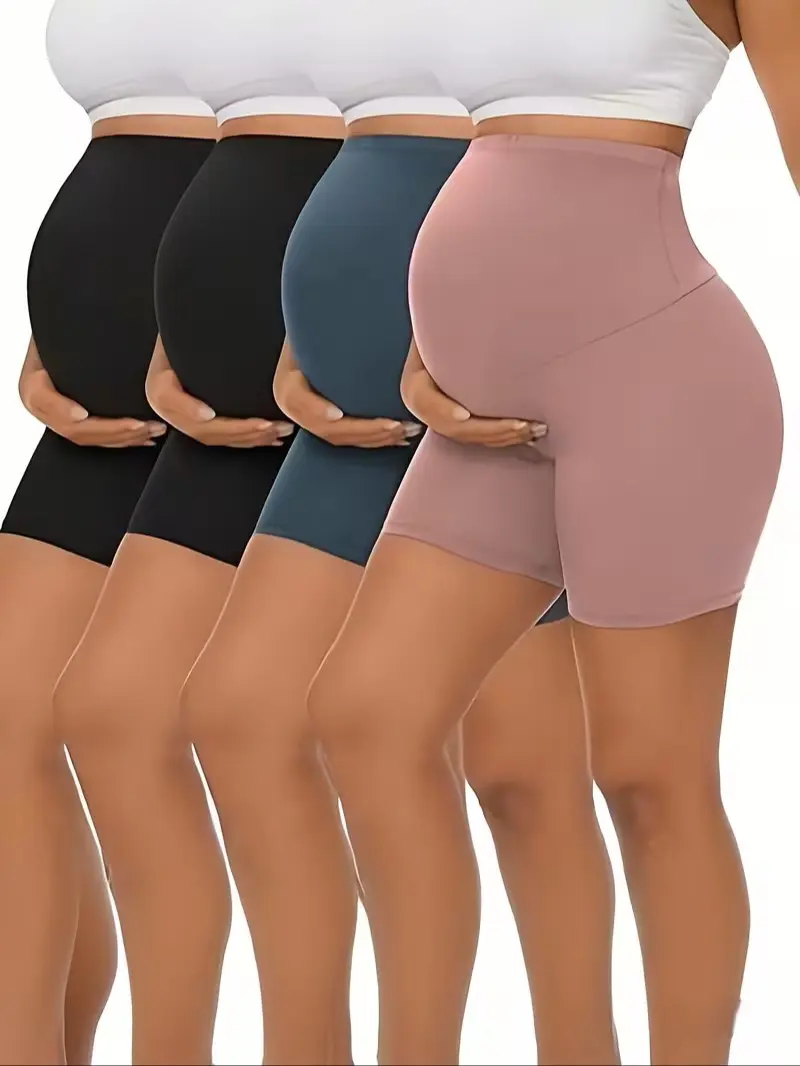 Cymebosilux Women's 4-Pack High-Waisted 5” Above-Knee Maternity Biker Shorts - Bump-Friendly, Over-The-Belly, Yoga Workout Apparel for Pregnancy, Casual Apron Belly Maternity Supplies