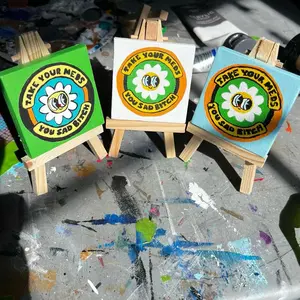 "Take Your Meds - Mini Canvas with Acrylic Paint, 2 Inches All Around, Green Frame, Features Flower Design"