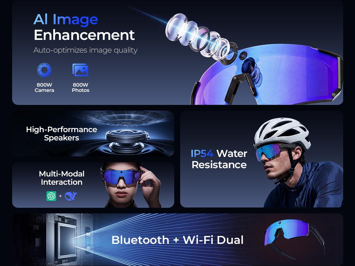 Smart Sports Glasses with 8MP Camera, 2KPhoto/1200P Video Recording WearableGlasses, IP54 Waterproof MultifunctionalWireless Audio Bluetooth Glasses withHeadphone, Outdoor Sports PolarizedSunglasses with Al Voice Assistant, UVProtection Eyeglass