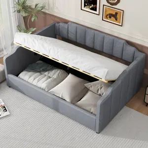 Lift Up Storage Bed Full Size Upholstered Daybed with Underneath Storage and Strengthened Slats, No Box Spring Needed, Linen