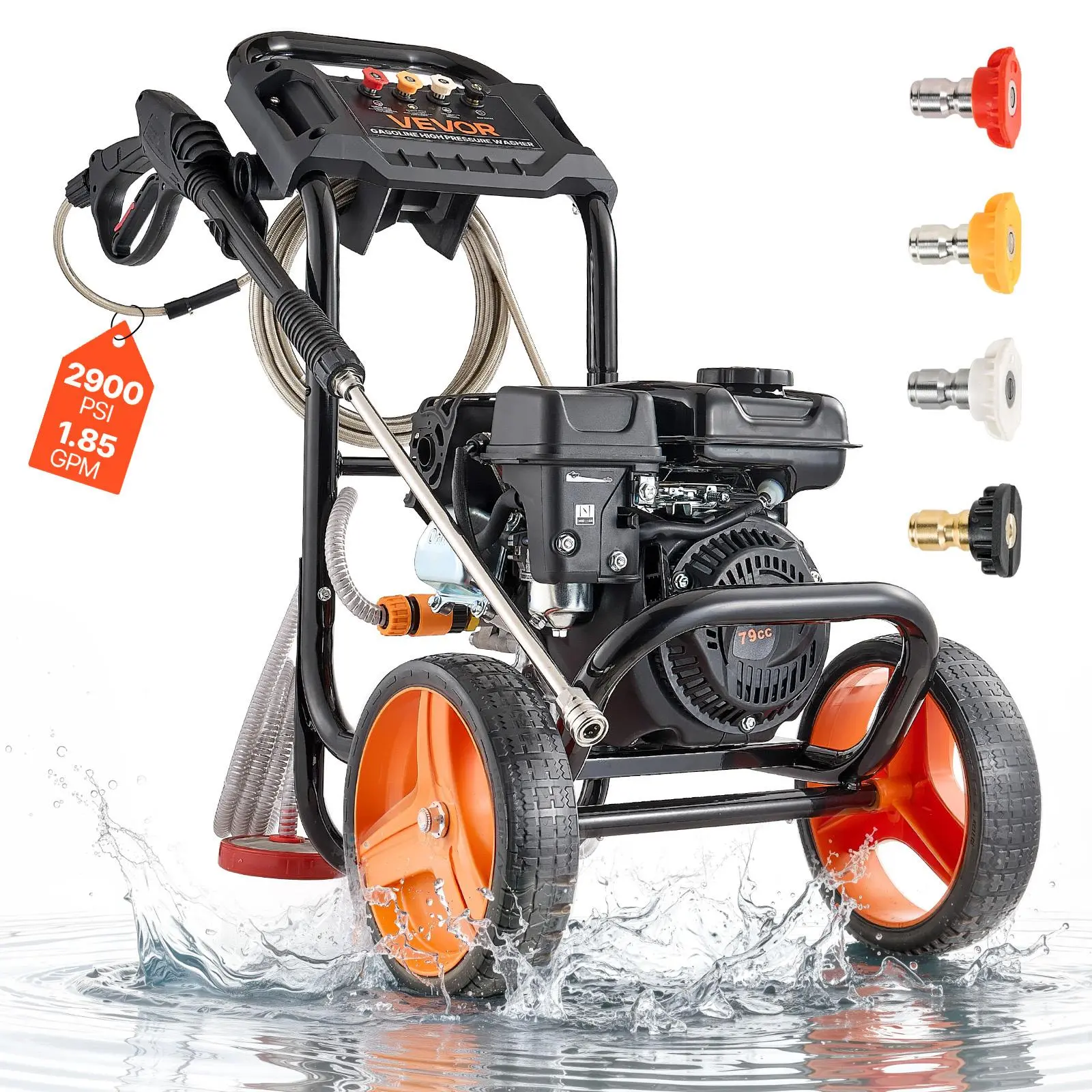 VEVOR Portable Gas Pressure Washer, 2900 PSI, 1.85 Max GPM, 1.6L, Upgraded Aluminum Pump, 0.35L Oil Tank, Spray Gun, Wand, 4-Nozzle Set, Low-Profile Model for Cars, Driveway, Father's Day Gifting