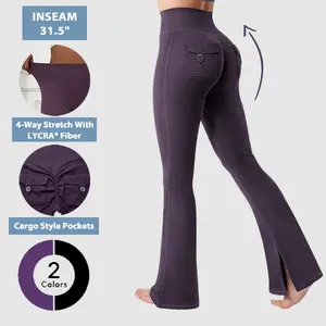 Flamingo Solid Flap Pocket Split Hem Invisible Scrunch High Rise Flare Leggings