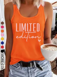 Summer New Fun Heart Element Letter Print Limited Tropical Style, Women's Casual Sport Sleeveless Tank Top, Round Neck Strap Shirt