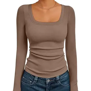 Womens Long Sleeve Shirts Square Neck Tops Ribbed Knit Basic Teen Girls Crop Tops Fall Outfits Fashion Clothes 2025
