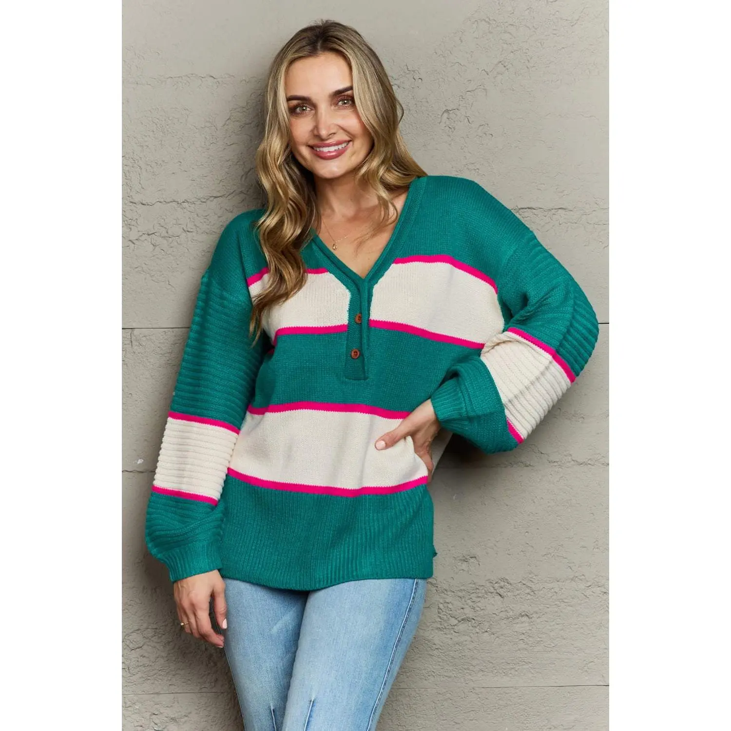 Striped Dropped Shoulder Side Slit Sweater