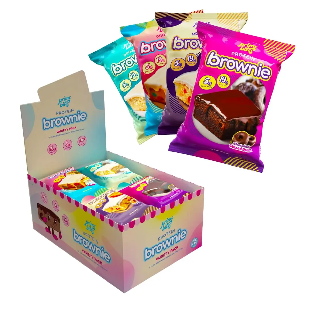 Prime Bites High Protein Brownies Variety Pack, 12 Count, 19g Protein & 5g Collagen Per Brownie, Gluten Free, Low Sugar Snack, Assorted Flavors