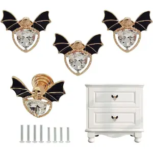 Cabinet Drawer Knobs Gothic Bat Skull Crystal Single Hole Pulls 4PCS for Furniture Decor