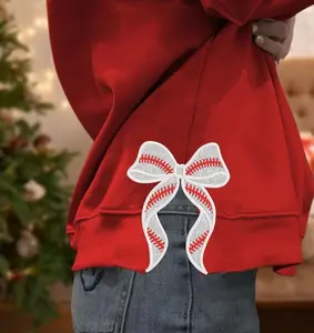 Baseball Side Bow Cut-Out Sweatshirt, Embroidery Bow Side Sweatshirt, Sport Embroidered Sweatshirt, Trendy Coquette Bow Christmas Shirt