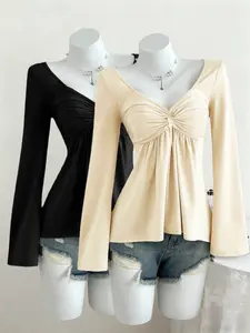 Women's Casual Cross V-Neck Long Sleeve Fitted T-Shirt Set, Multifunctional New Style, Fall Winter Season, Comfortable and Stylish, Tops